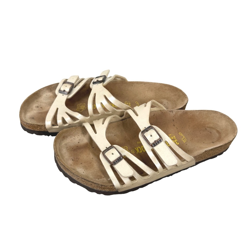 Birkenstock Granada Cream Pearlescent Cutout Slide Sandals 38 Boho Double Buckle